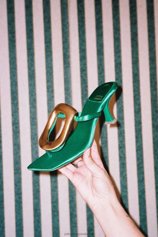 il Jeffrey Campbell קישור סנדל עם עקבים נשים זהב סאטן ירוק NN6N61496