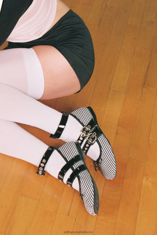 il Jeffrey Campbell רינה נעלי בלט נשים פטנט שחור ג'ינגהם לבן NN6N6203